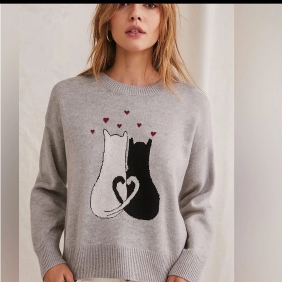 NEW ANTHROPOLOGIE CALLIGRAPHIE Charming Cat ❤️Duo❤️ Gray Sweater Sz M - Picture 2 of 9